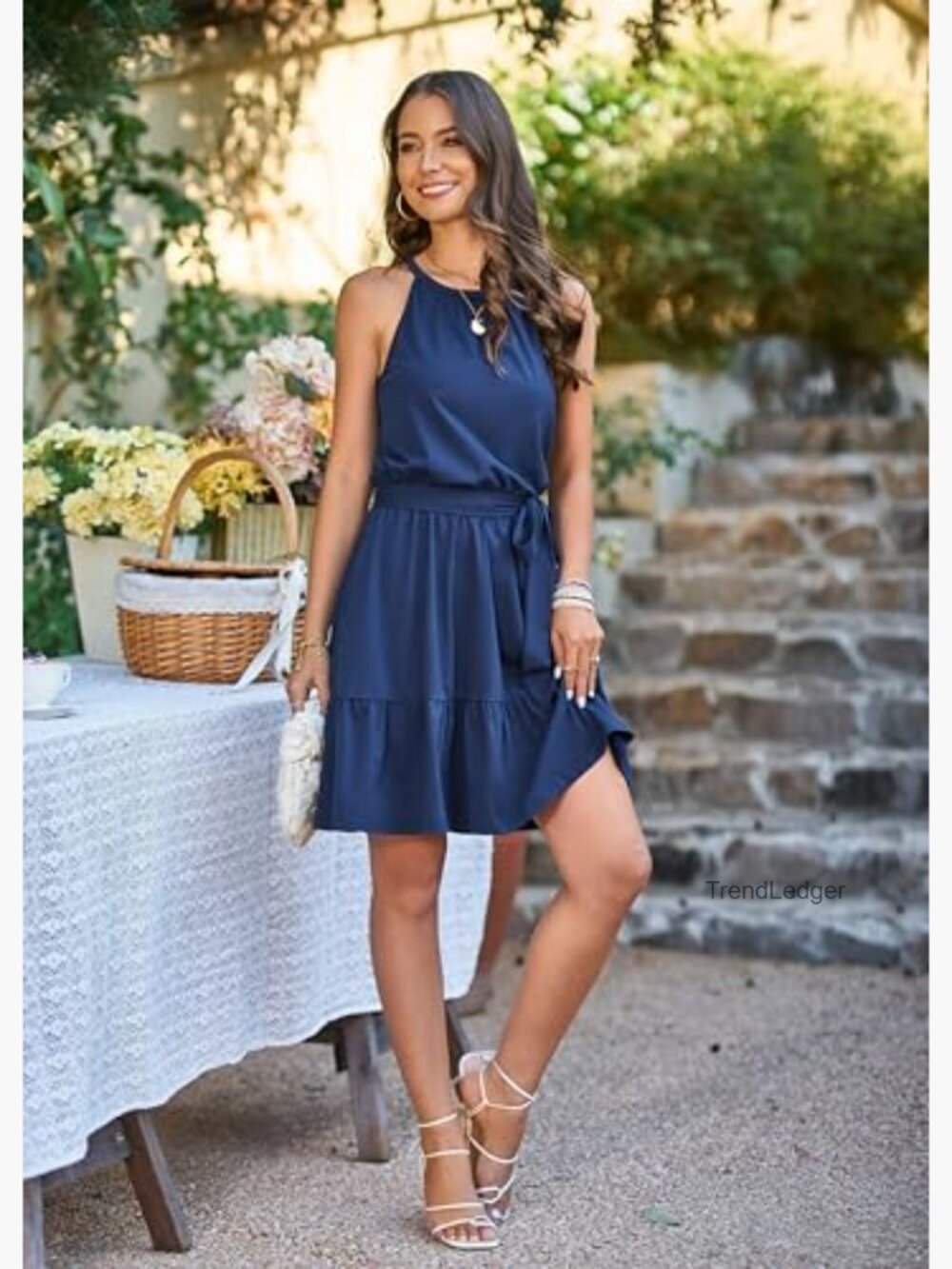 Halter Sundress with Pockets, Belted A-Line, Ruffle Hem, Keyhole Back - Picture 4 of 7